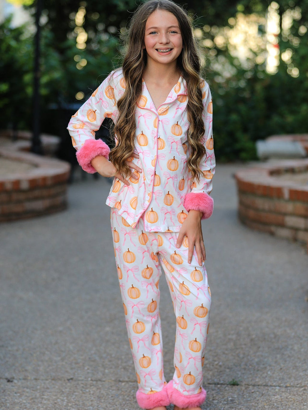 Halloween Thanksgiving Pumpkin Bow Fur Pajama Set