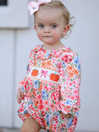 Fall Halloween & Thanksgiving Pumpkin Bow Smock Embroidered Floral Baby Girl Romper