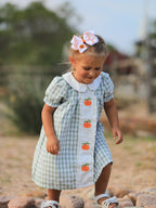 Fall Halloween & Thanksgiving Pumpkin Applique Plaid Green Girls Dress