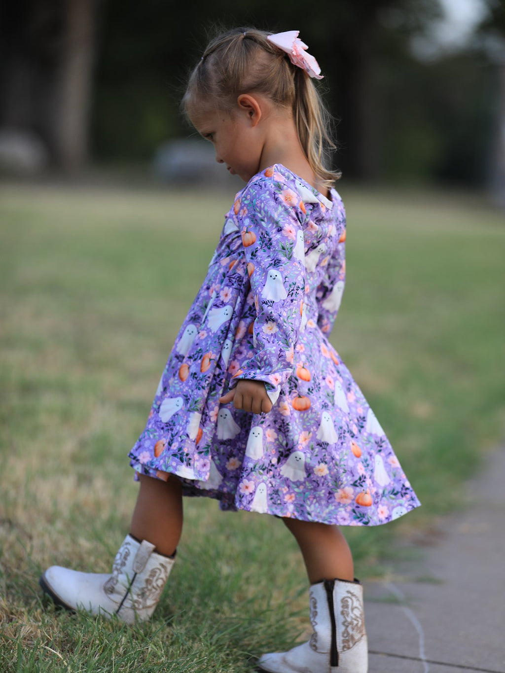 Halloween Ghost Pumpkin Girls Long Sleeve Twirl Dress