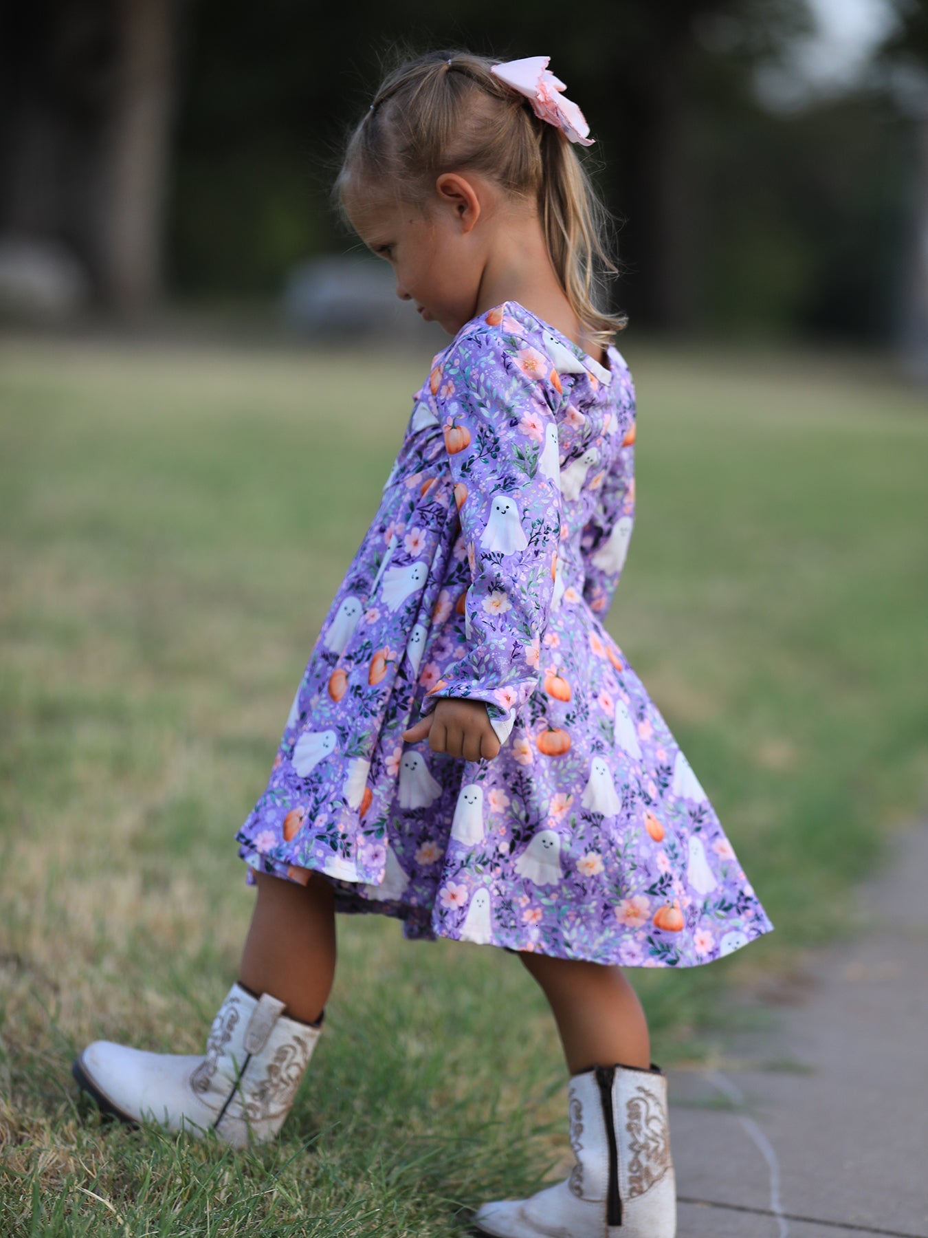 Halloween Ghost Pumpkin Girls Long Sleeve Twirl Dress