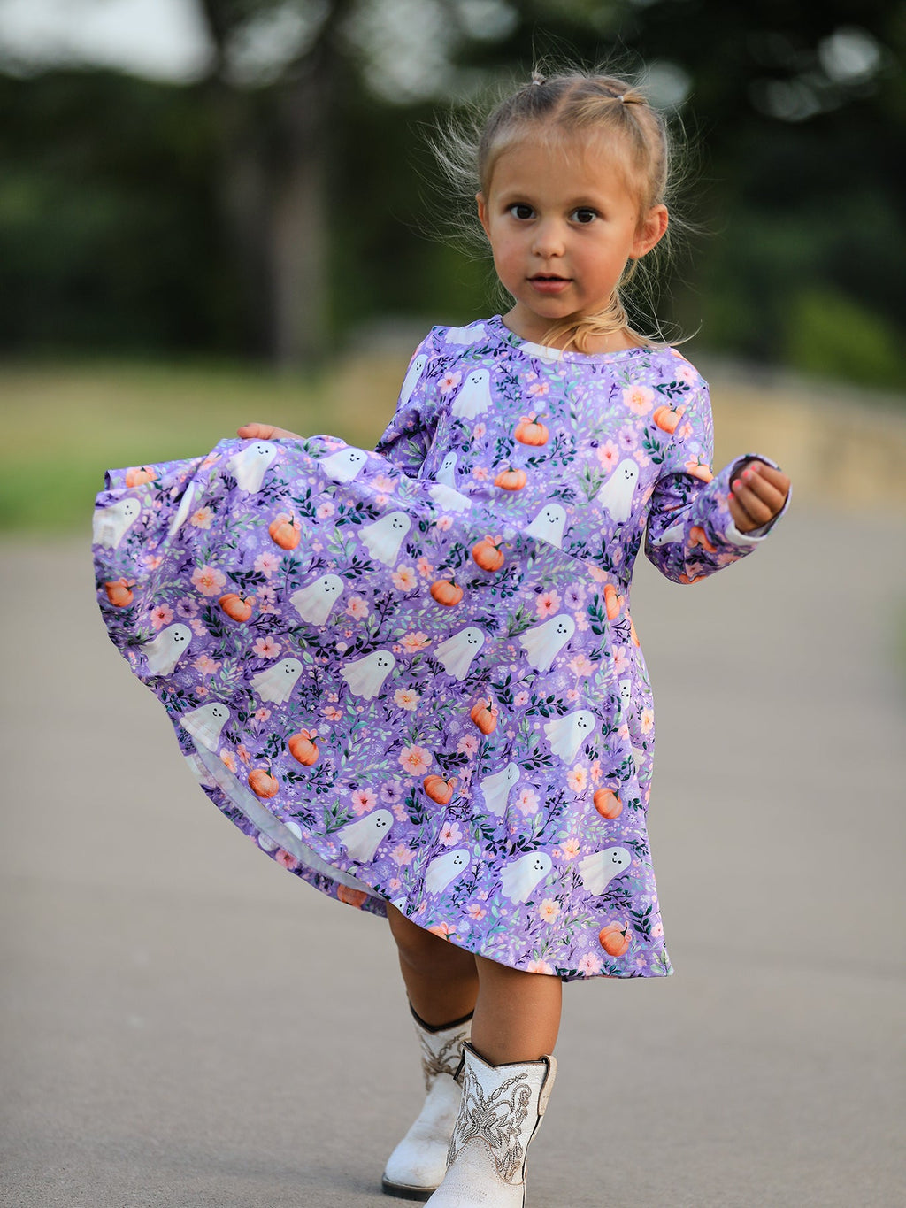 Halloween Ghost Pumpkin Girls Long Sleeve Twirl Dress