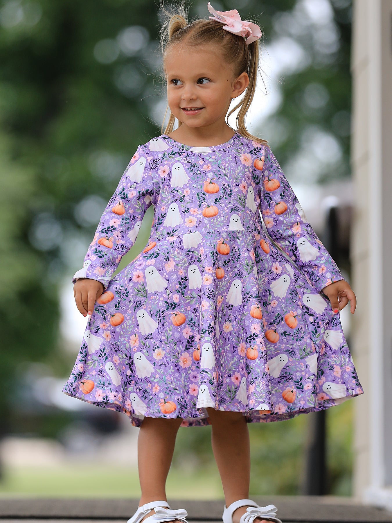 Halloween Ghost Pumpkin Girls Long Sleeve Twirl Dress