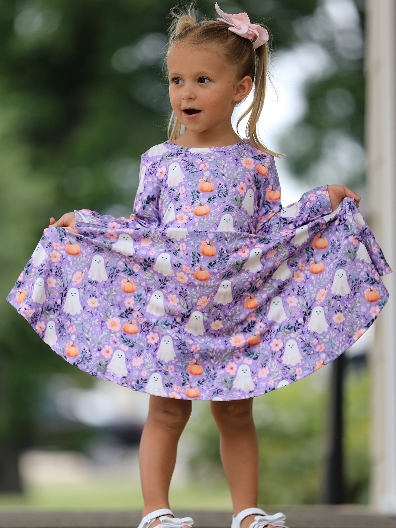 Halloween Ghost Pumpkin Girls Long Sleeve Twirl Dress