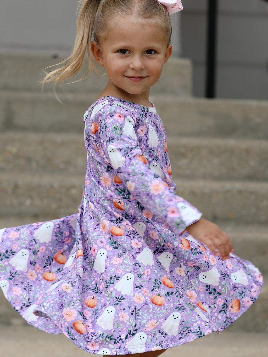 Halloween Ghost Pumpkin Girls Long Sleeve Twirl Dress