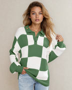 V Neck Checkered Sweater - Green