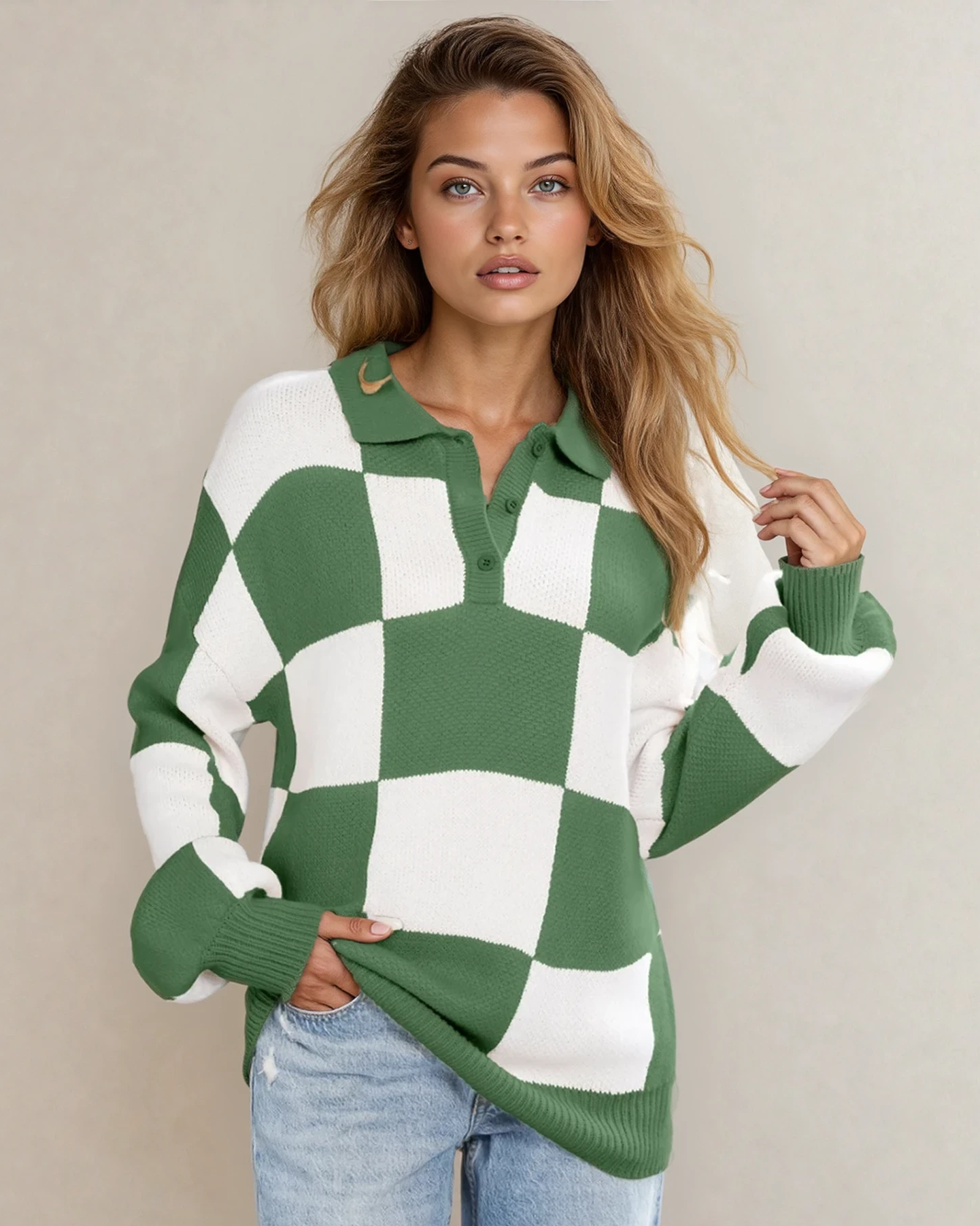 V Neck Checkered Sweater - Green