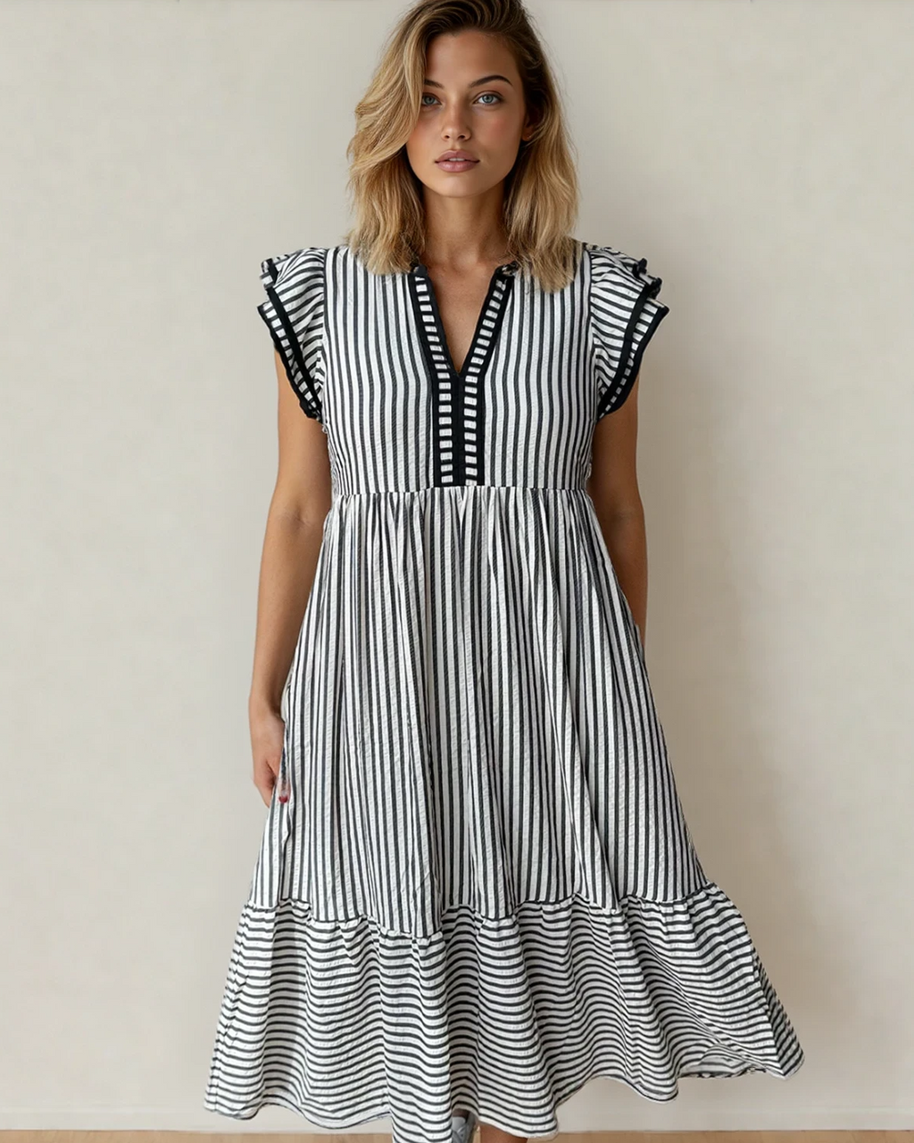 Nyla Double Ruffled Short Sleeve Contrast Trim V Neck Midi Dress - Black