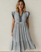 Nyla Double Ruffled Short Sleeve Contrast Trim V Neck Midi Dress - Black