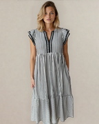Nyla Double Ruffled Short Sleeve Contrast Trim V Neck Midi Dress - Black
