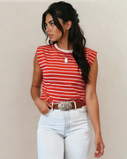 Serena Stripe Ribbed Round Neck Trim Loose Tank Top - Red