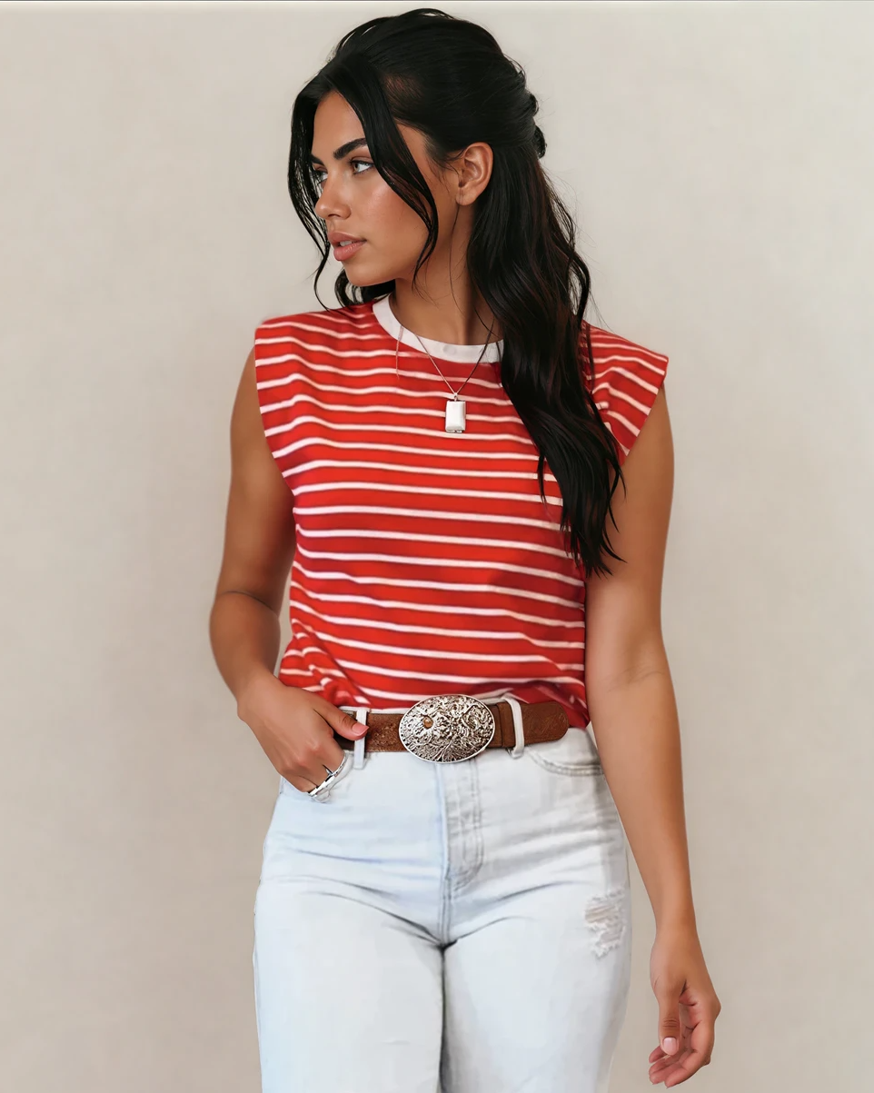 Serena Stripe Ribbed Round Neck Trim Loose Tank Top - Red