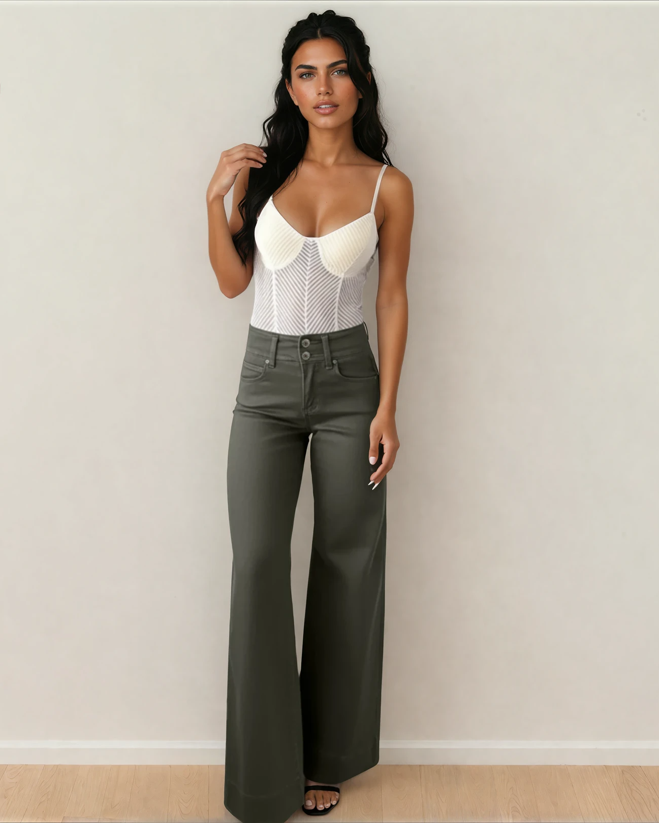 Brooke 2-Button High Waist Flared Bottom Jeans - Olive
