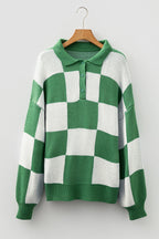 V Neck Checkered Sweater - Green