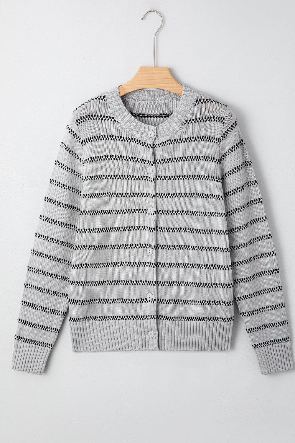 Arianna Stripe Button Front Ribbed Trim Short Cardigan
