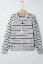 Arianna Stripe Button Front Ribbed Trim Short Cardigan