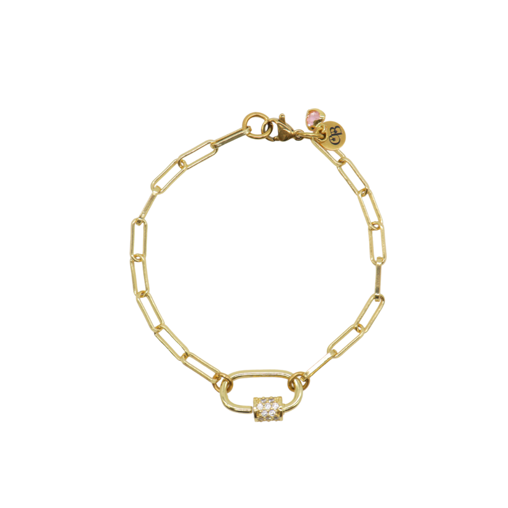 The Charm Bar Company - Gold Ashley (Box) Paperclip Chain Charm Bracelet with Clear Cubic Zirconia Small Gabi Carabiner