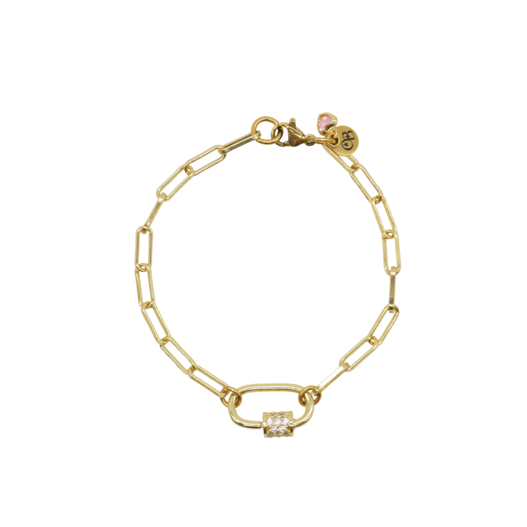 The Charm Bar Company - Gold Ashley (Box) Paperclip Chain Charm Bracelet with Clear Cubic Zirconia Small Gabi Carabiner