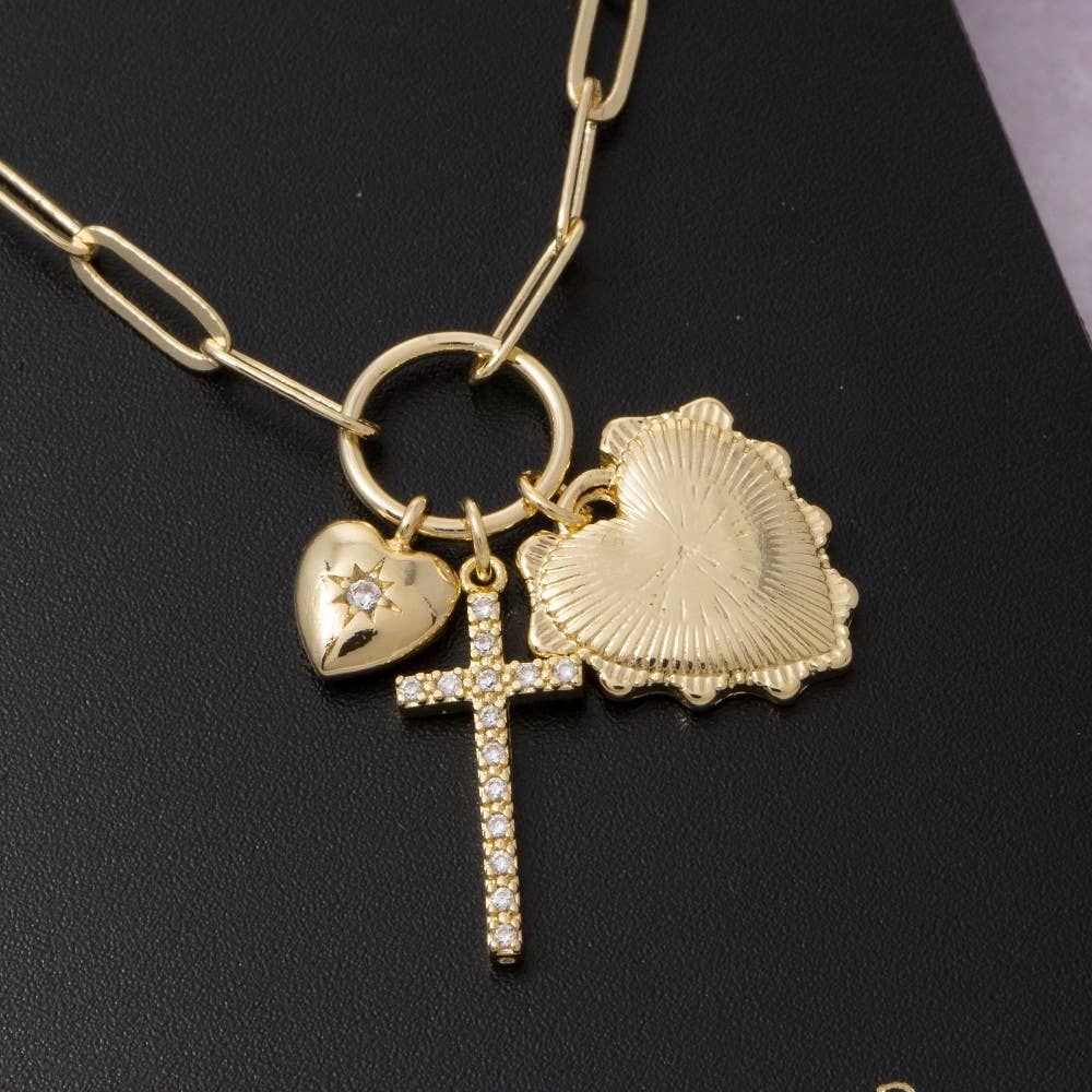 Anarchy Street - Multi-Charm Heart & Cross Paperclip Chain Necklace