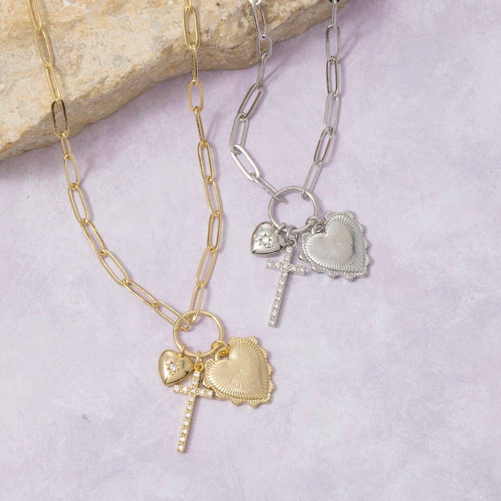 Anarchy Street - Multi-Charm Heart & Cross Paperclip Chain Necklace