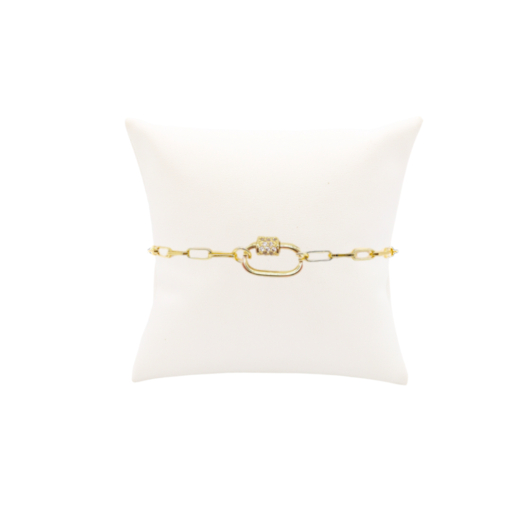The Charm Bar Company - Gold Ashley (Box) Paperclip Chain Charm Bracelet with Clear Cubic Zirconia Small Gabi Carabiner