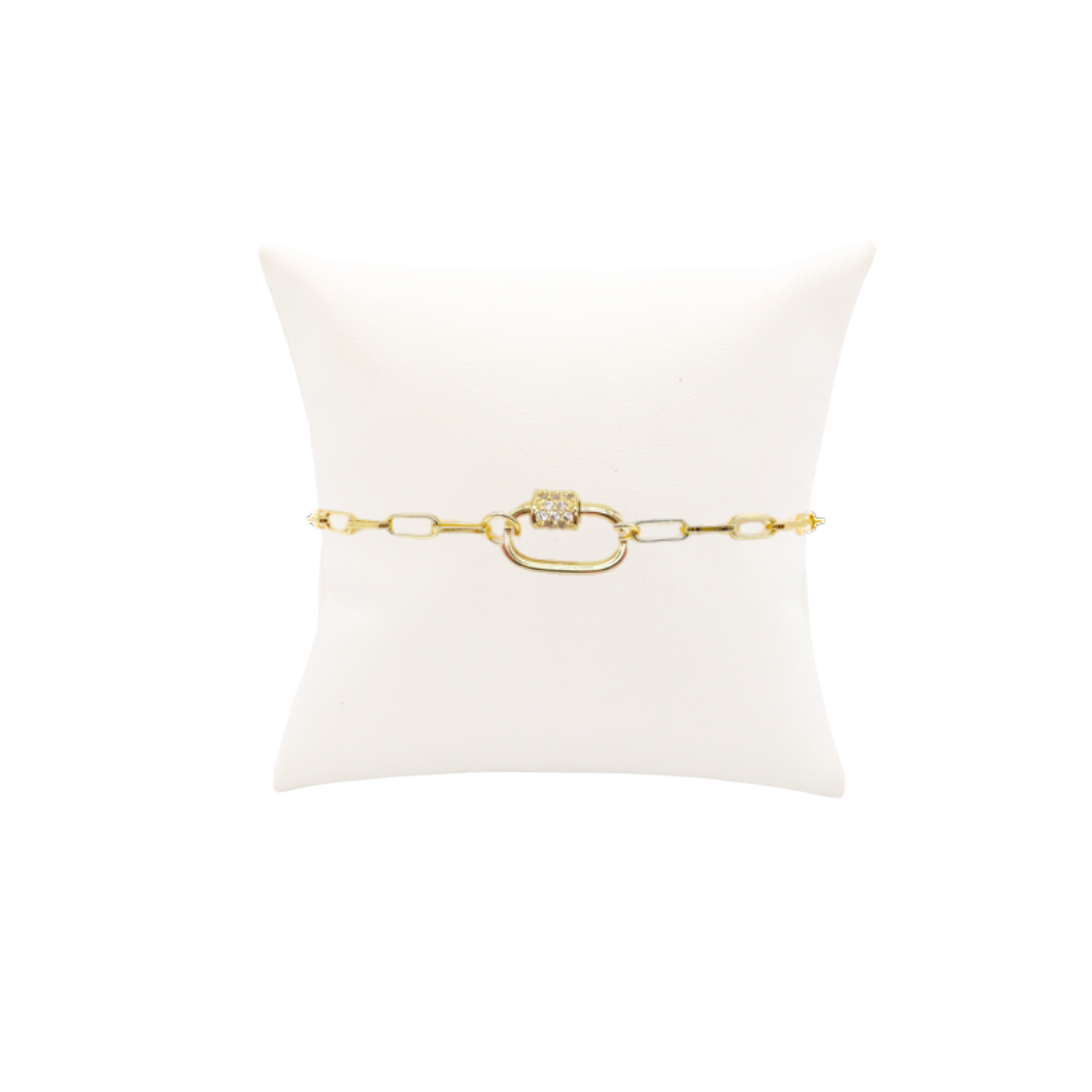 The Charm Bar Company - Gold Ashley (Box) Paperclip Chain Charm Bracelet with Clear Cubic Zirconia Small Gabi Carabiner