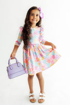 Colorful Carnations 3/4 Sleeve Ruffle Twirl Dress
