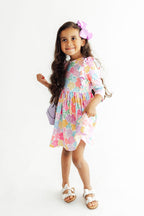 Colorful Carnations 3/4 Sleeve Ruffle Twirl Dress